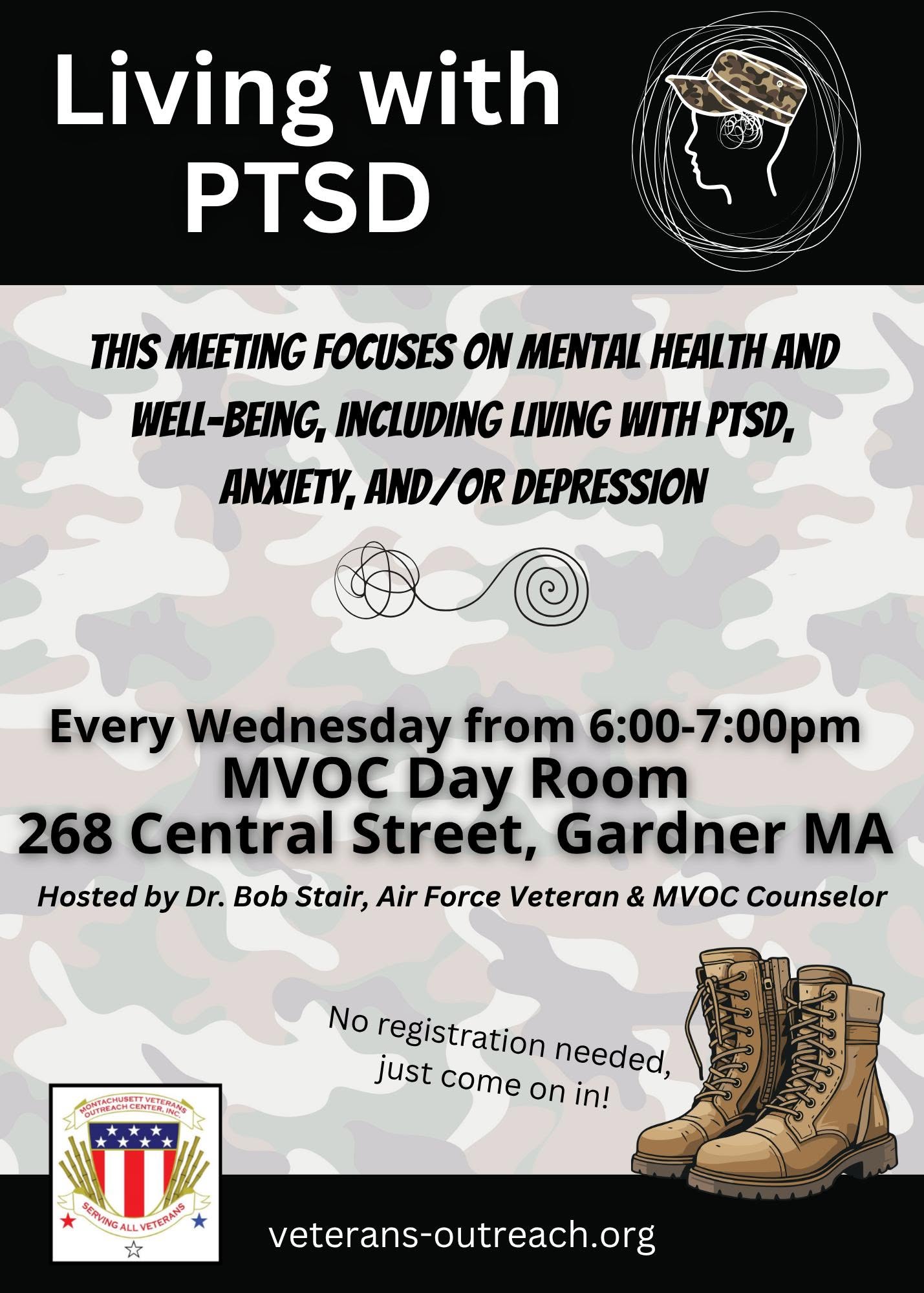 Flyer for Living with PTSD — Montachusett Veterans Outreach Center, Gardner