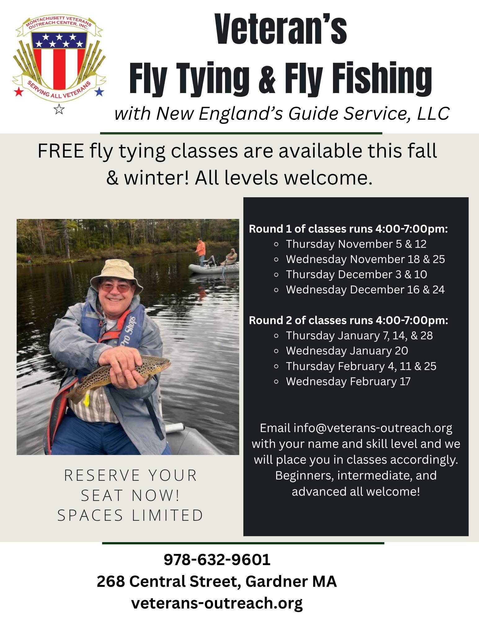 Flyer for Veteran's Fly Tying & Fly Fishing Classes, Gardner — Round 2 (January–February)