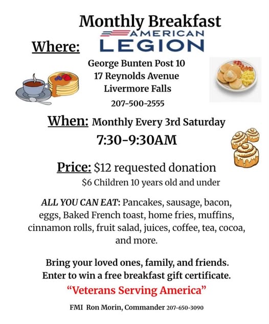 Flyer for Monthly Breakfast — American Legion George Bunten Post 10, Livermore Falls