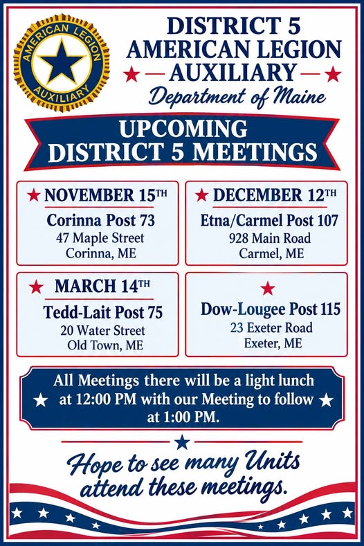 Flyer for District 5 American Legion Auxiliary Meeting - Tedd-Lait Post 75