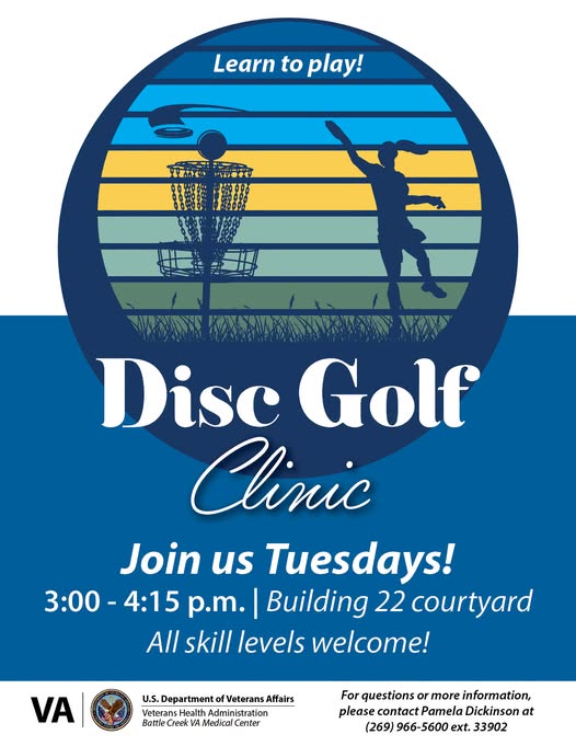Flyer for Disc Golf Clinic — Battle Creek VA Medical Center