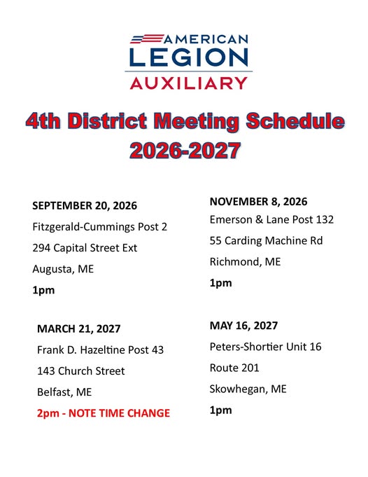 Flyer for American Legion Auxiliary Maine 4th District Meeting - Belfast