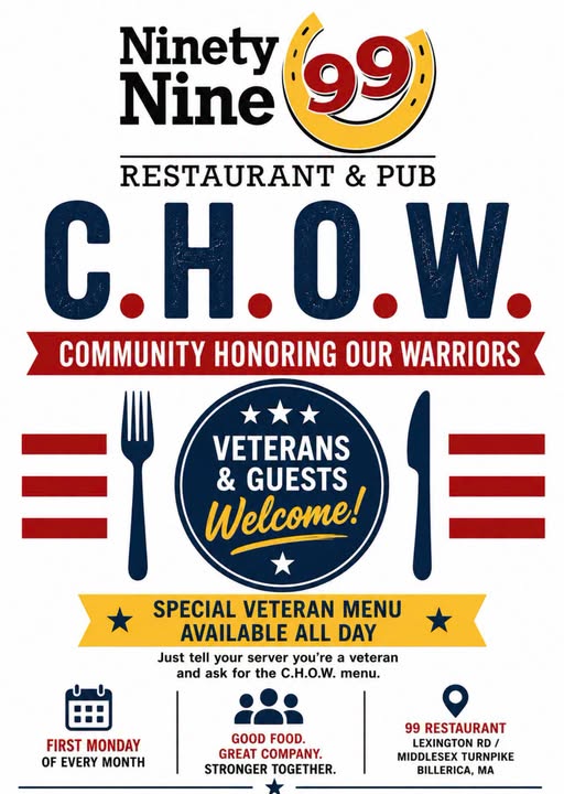 Flyer for 99 Restaurant C.H.O.W. — Community Honoring Our Warriors