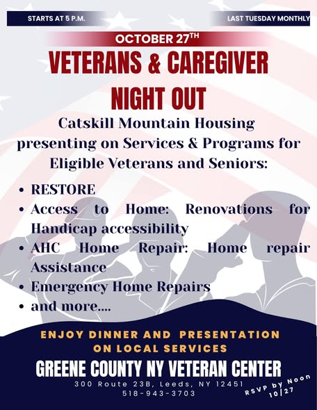 Flyer for Veterans & Caregiver Night Out — Catskill Mountain Housing