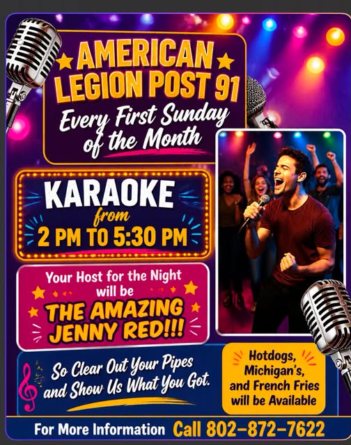 Flyer for Karaoke with The Amazing Jenny Red — American Legion Post 91 (1st Sunday)