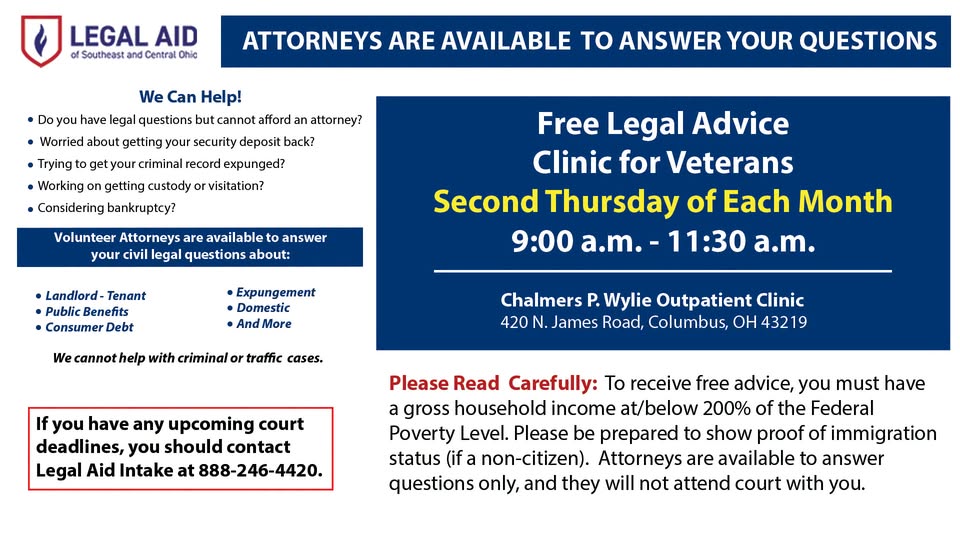 Flyer for Free Legal Advice Clinic for Veterans — Chalmers P. Wylie Outpatient Clinic