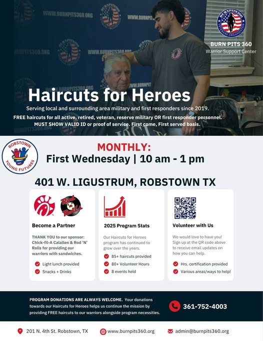Flyer for Haircuts for Heroes — Burn Pits 360 Warrior Support Center