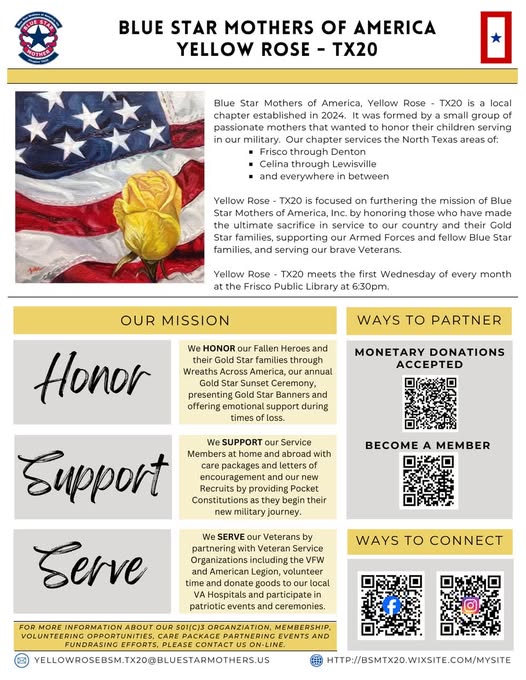 Flyer for Blue Star Mothers Yellow Rose — TX20 Monthly Meeting (Frisco)