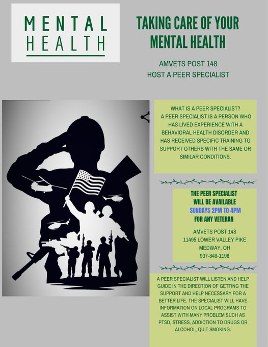 Flyer for Peer Specialist Hours — AMVETS Post 148, Medway