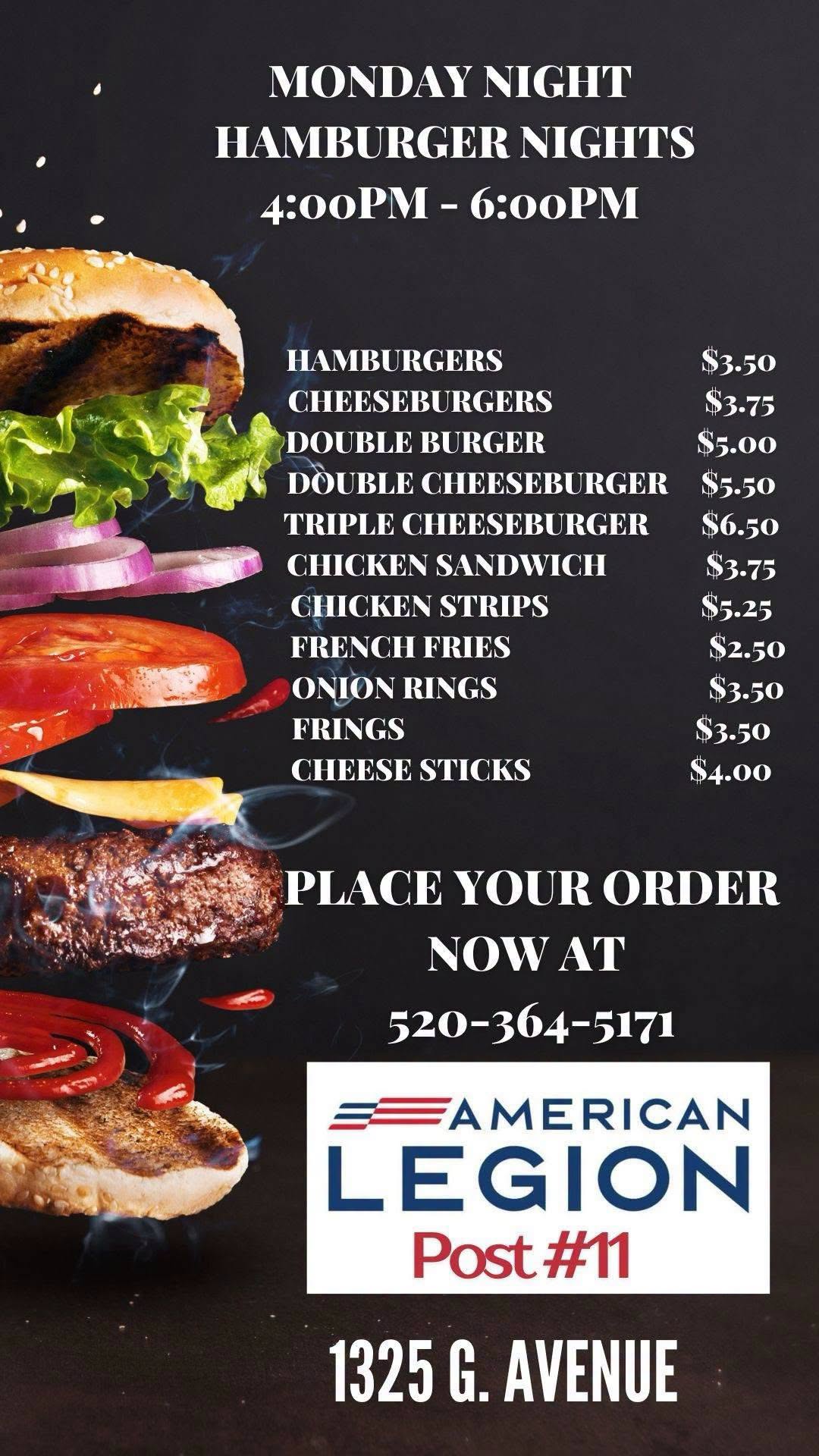 Flyer for Monday Night Hamburger Night — American Legion Post 11