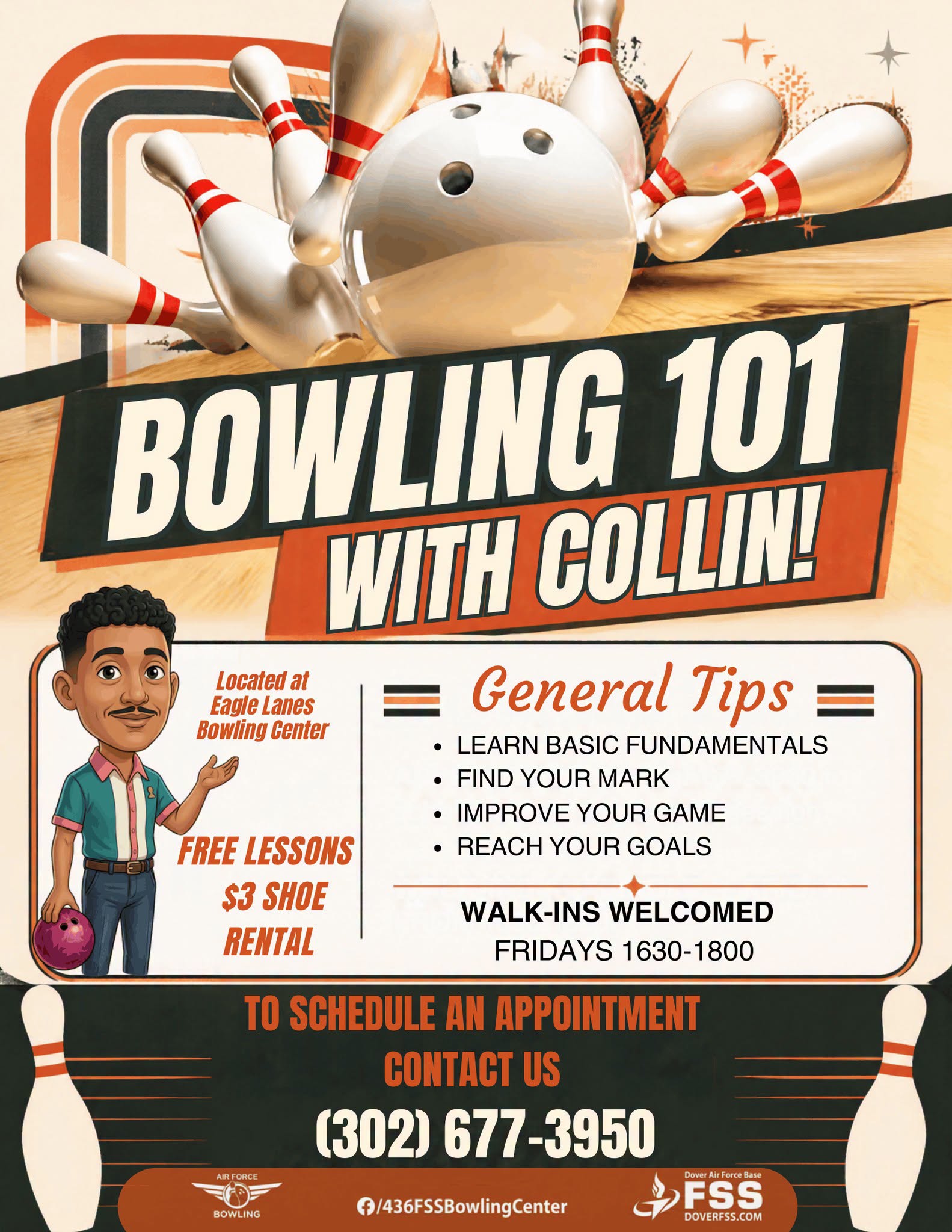 Flyer for Bowling 101 with Collin — Eagle Lanes, Dover AFB
