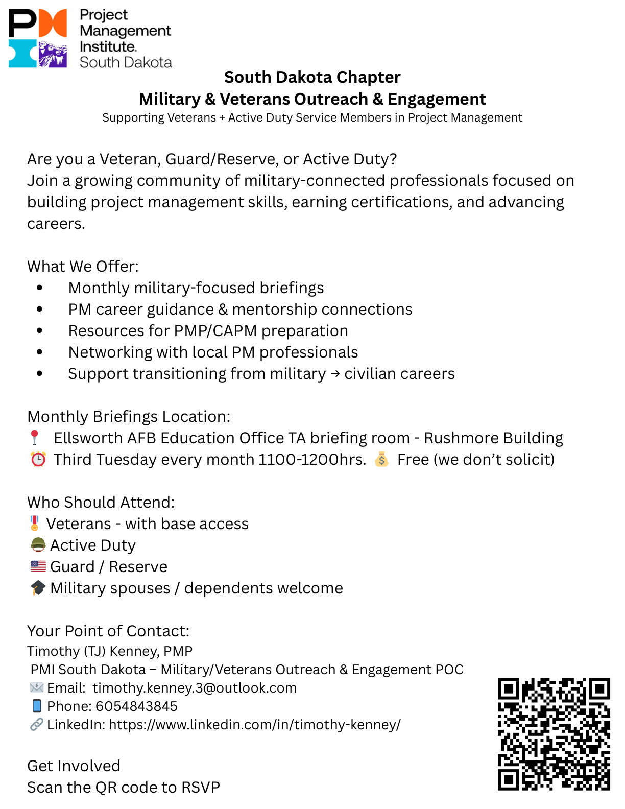 Flyer for PMI South Dakota Military & Veterans Outreach Brief