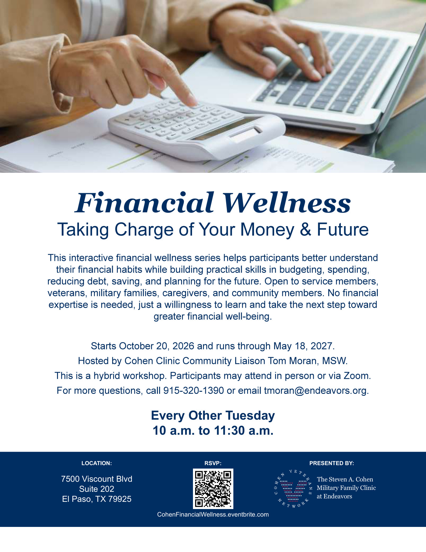 Flyer for Financial Wellness: Taking Charge of Your Money & Future — Cohen Clinic at Endeavors