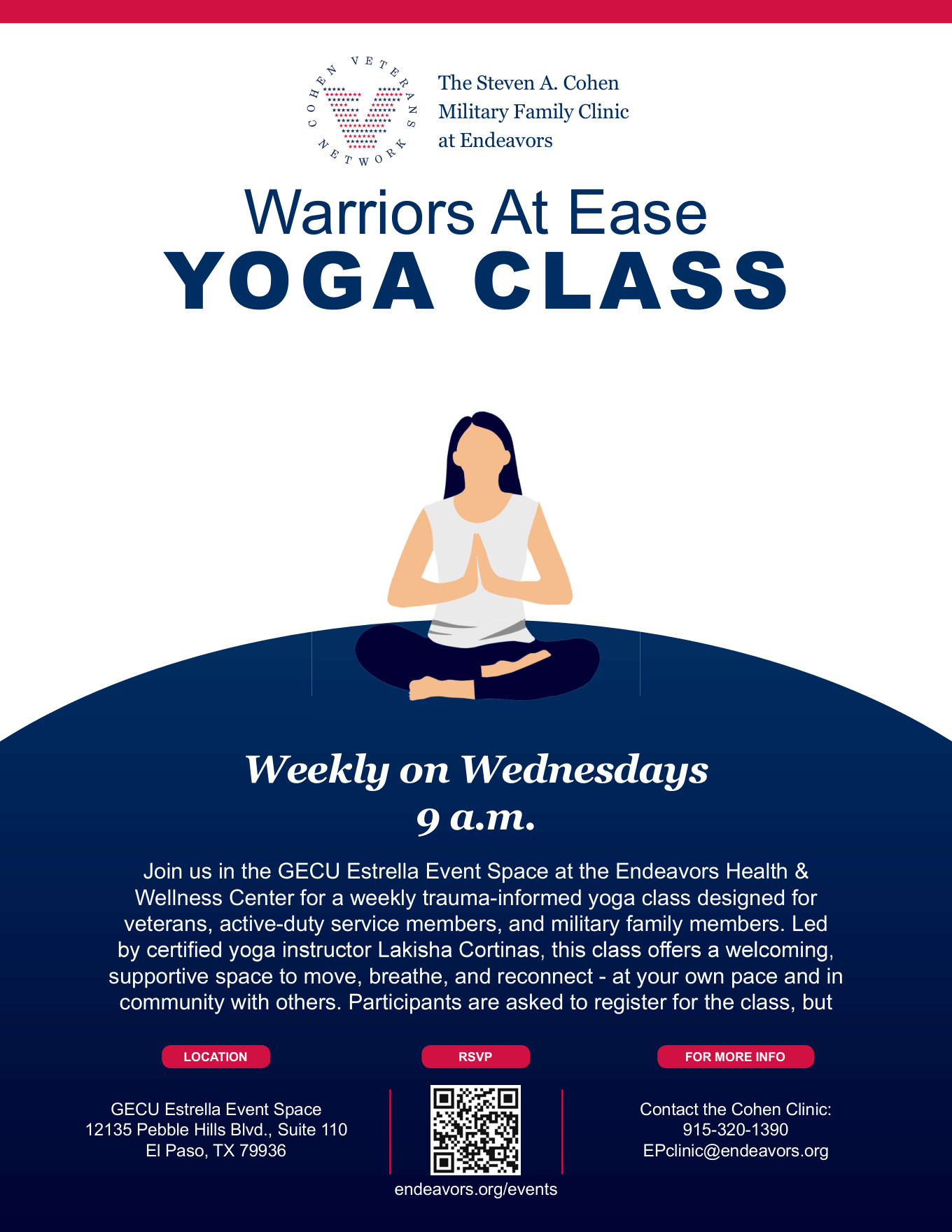 Flyer for Warriors At Ease Yoga Class — Cohen Clinic at Endeavors