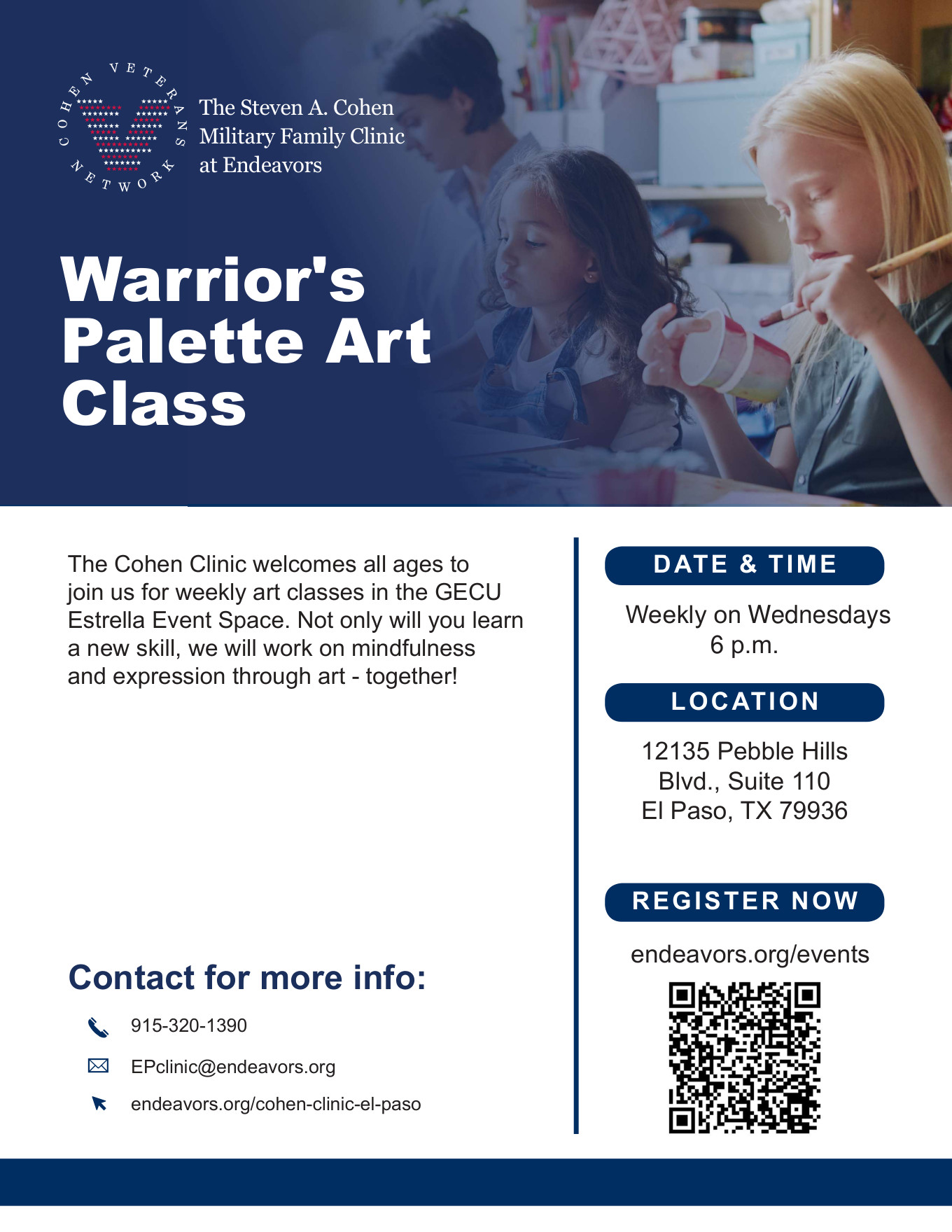 Flyer for Warrior's Palette Art Class — Cohen Clinic at Endeavors