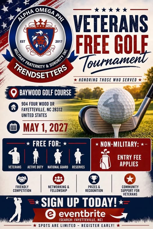 Flyer for Veterans Free Golf Tournament - Alpha Omega Phi Trendsetters