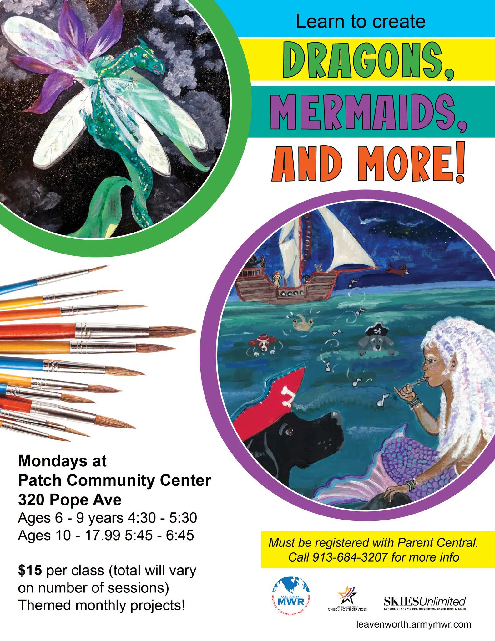 Flyer for Dragons, Mermaids, and More! — SKIESUnlimited Art Class
