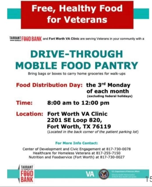 Flyer for Drive-Through Mobile Food Pantry — Fort Worth VA Clinic (3rd Monday)