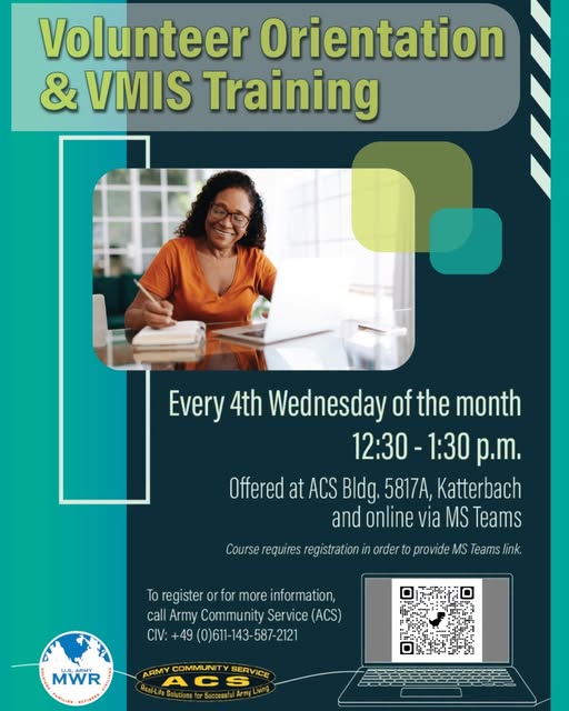 Flyer for Volunteer Orientation & VMIS Training — USAG Ansbach ACS
