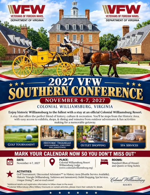 Flyer for 2027 VFW Southern Conference - Colonial Williamsburg
