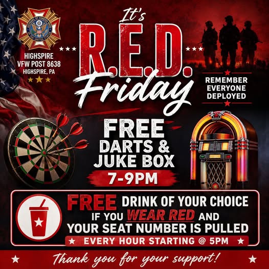 Flyer for R.E.D. Friday — Free Darts & Juke Box at Highspire VFW Post 8638