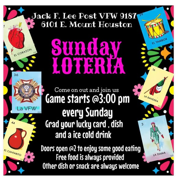 Flyer for Sunday Lotería — Jack F. Lee VFW Post 9187