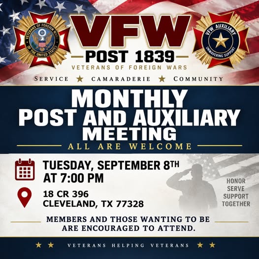 Flyer for Monthly Post & Auxiliary Meeting — VFW Post 1839, Cleveland