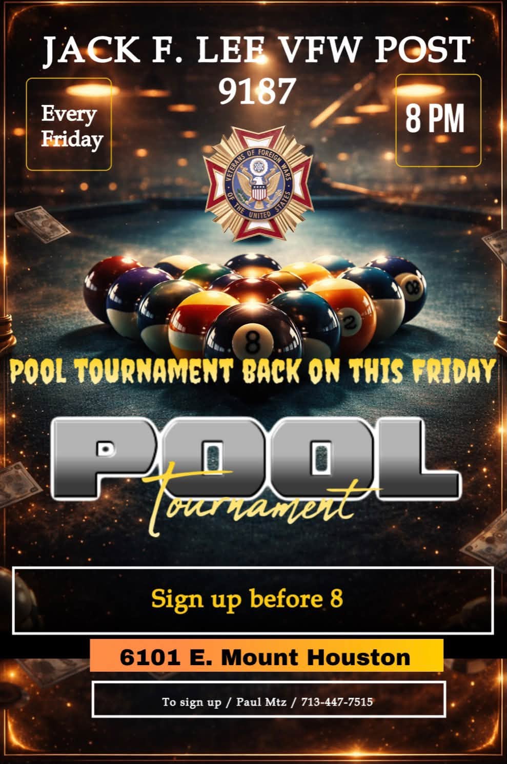 Flyer for Pool Tournament at Jack F. Lee VFW Post 9187