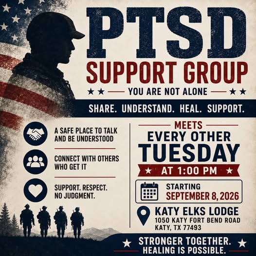 Flyer for PTSD Support Group — Katy Elks Lodge