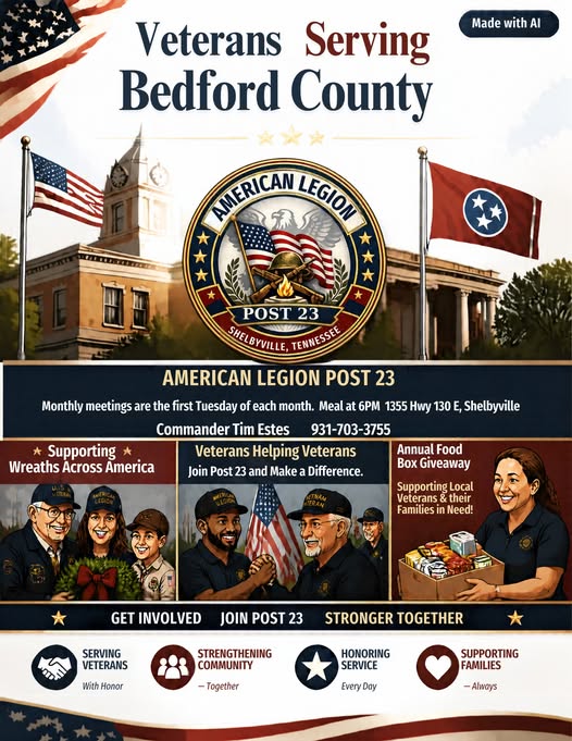 Flyer for American Legion Post 23 Monthly Meeting — Shelbyville