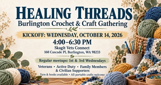 Flyer for Healing Threads — Burlington Crochet & Craft Gathering (3rd Wednesday)