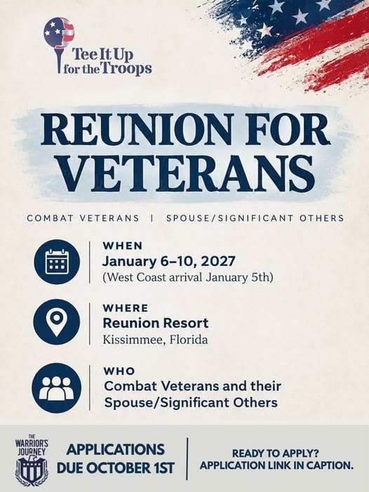 Flyer for REUNION for Veterans — Tee It Up for the Troops