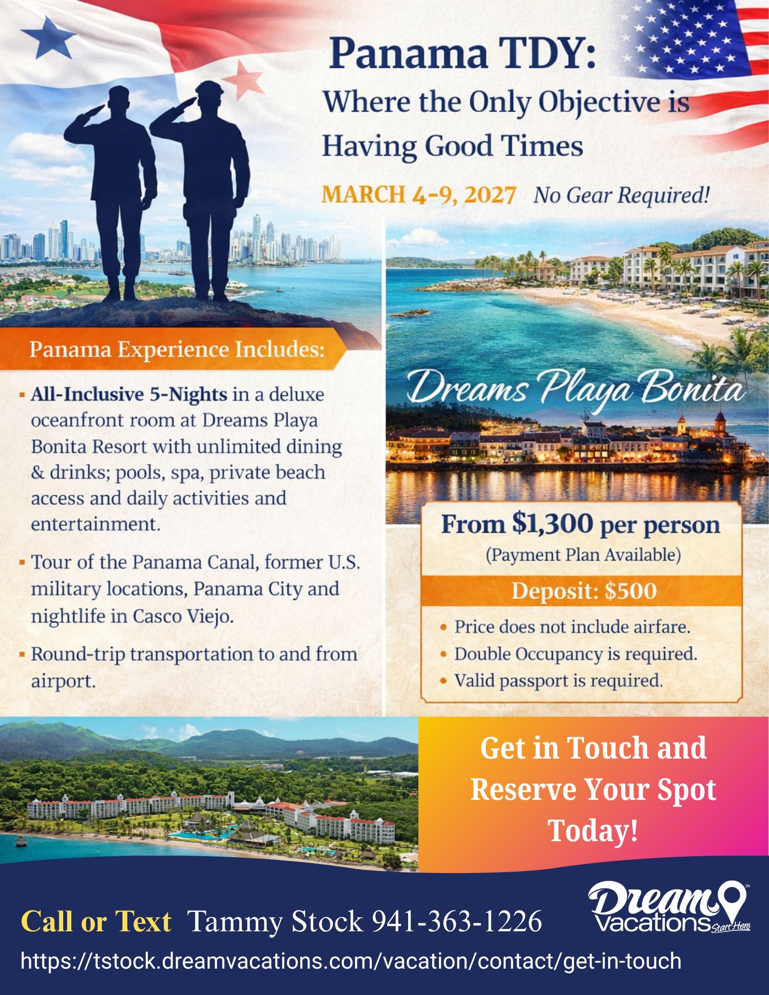 Flyer for Panama TDY - Veterans Group Trip to Dreams Playa Bonita (March 4-9, 2027)