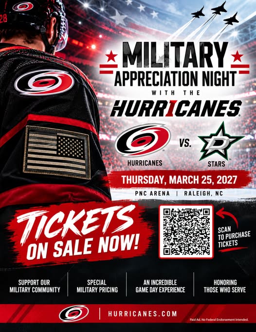 Flyer for Military Appreciation Night with the Carolina Hurricanes