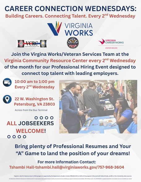 Flyer for Career Connection Wednesdays — Virginia Works Veteran Services, Petersburg