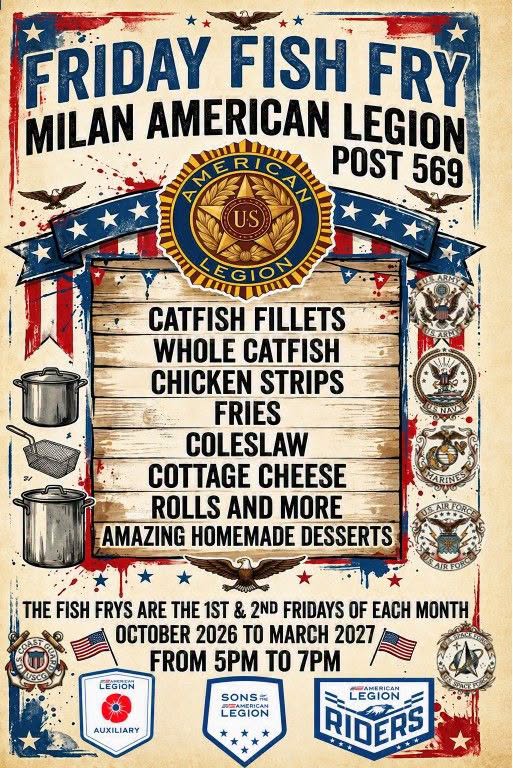 Flyer for Friday Fish Fry — Milan American Legion Post 569