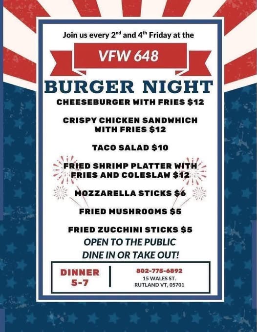 Flyer for Burger Night — VFW Post 648
