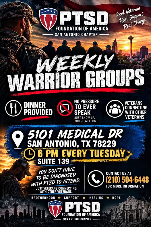 Flyer for Weekly Warrior Groups - PTSD Foundation of America, San Antonio