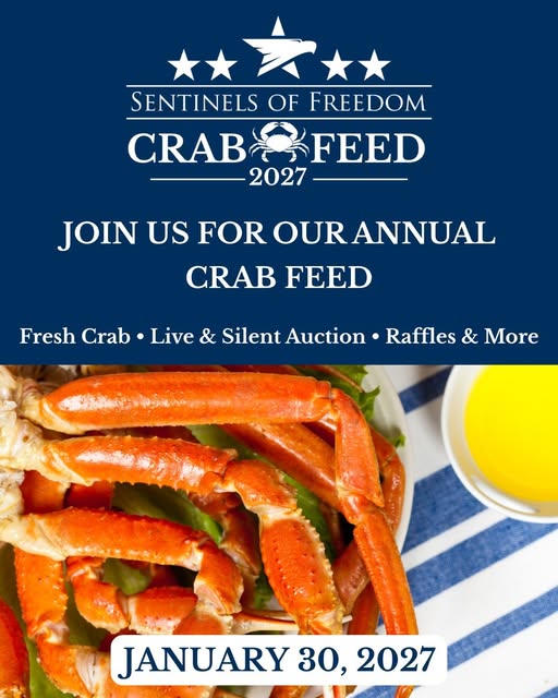 Flyer for Sentinels of Freedom Annual Crab Feed 2027