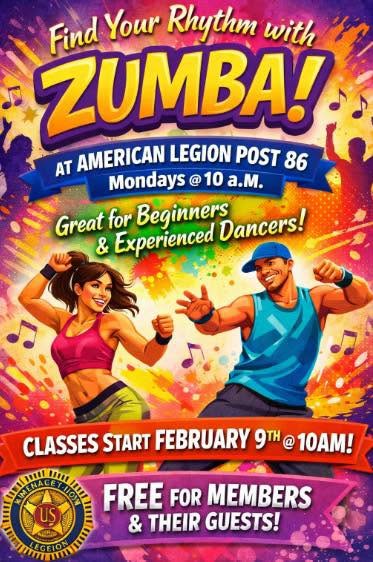 Flyer for Find Your Rhythm with Zumba — American Legion Post 86