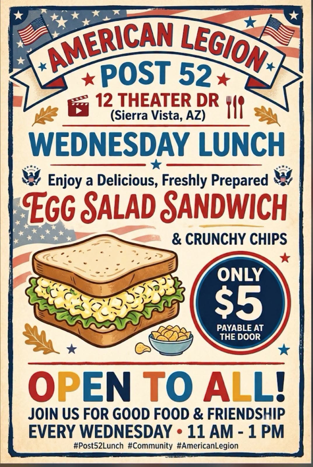Flyer for Wednesday Lunch — American Legion Post 52