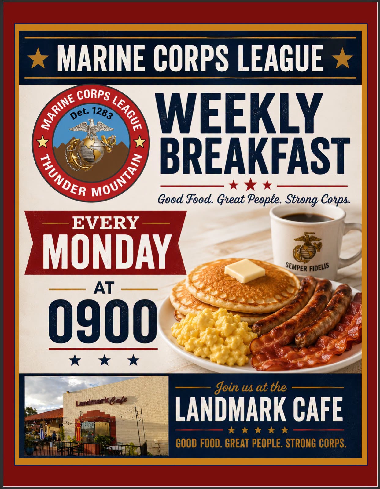 Flyer for Marine Corps League Det. 1283 Weekly Breakfast
