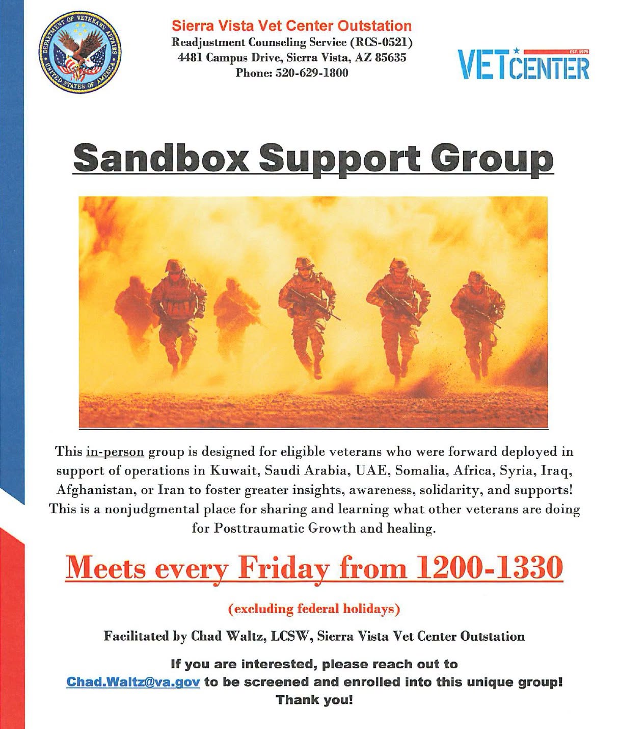 Flyer for Sandbox Support Group — Forward Deployed Veterans