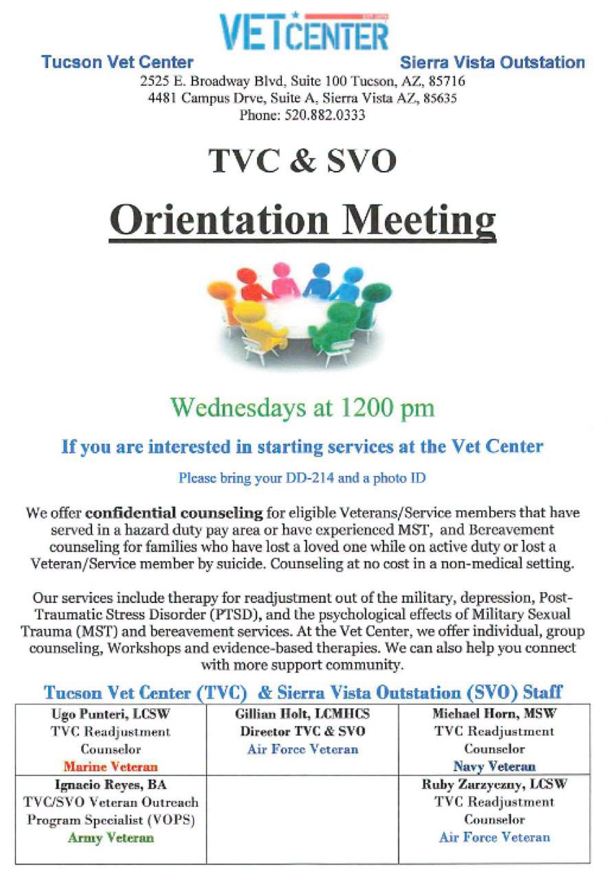 Flyer for Vet Center Orientation Meeting — Sierra Vista Outstation