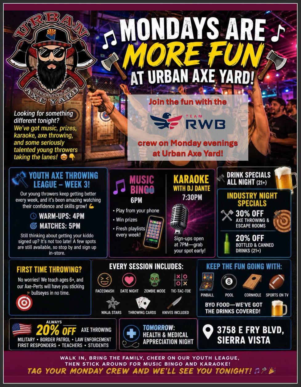 Flyer for Music Bingo & Karaoke / Team RWB — Urban Axe Yard