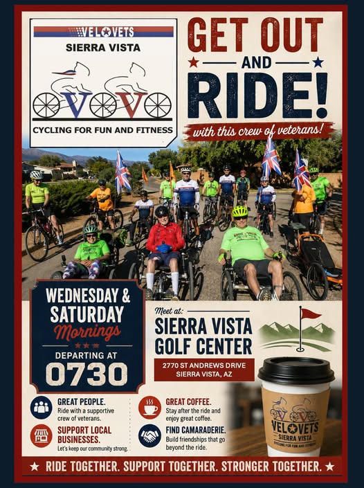 Flyer for VeloVets Sierra Vista — Get Out and Ride