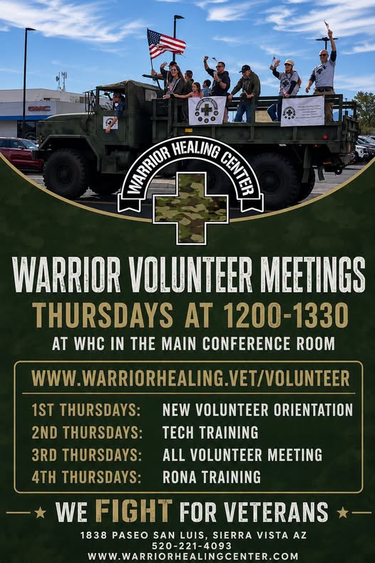 Flyer for Warrior Healing Center — All Volunteer Meeting (3rd Thursdays)