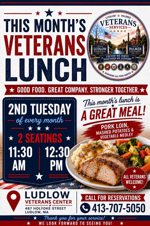 Flyer for Veterans Lunch — Ludlow Veterans Center (2nd Tuesday)