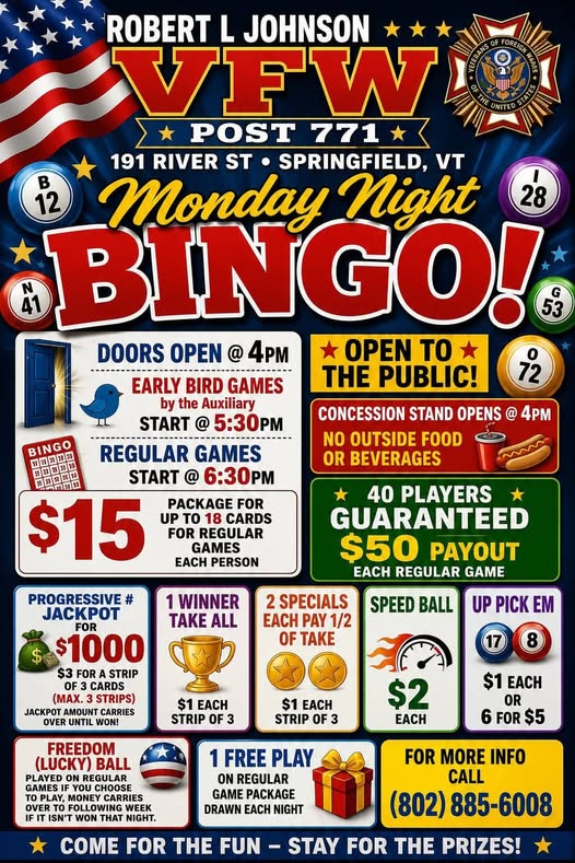 Flyer for Monday Night Bingo — Robert L. Johnson VFW Post 771