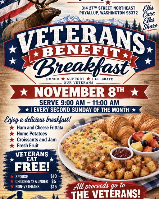 Flyer for Veterans Benefit Breakfast - Puyallup Elks